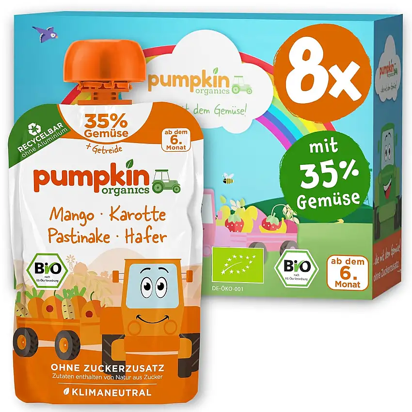 Pumpkin Organics Bio Gemüse-Getreide-Quetschies 8er Pack Mango, Karotte, Pastinake, Hafer ohne Zuckerzusatz - Babynahrung für Babys ab dem 6. Monat - vegetarisch (8x100g)