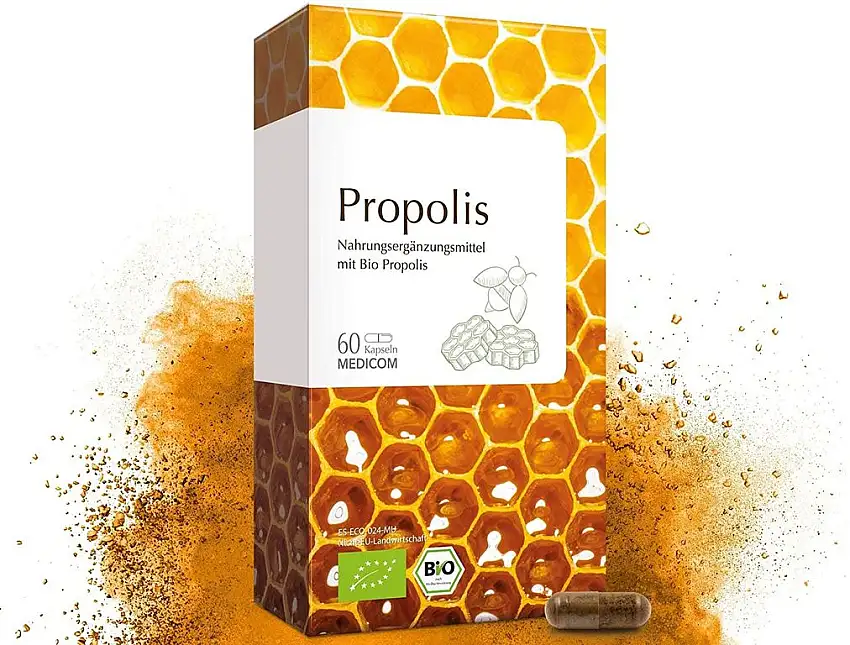 MEDICOM Bio Propolis Kapseln • biozertifiziert mit 400 mg gereinigter Bio Propolis pro Kapsel • reine Bienenkraft - 60 Stk