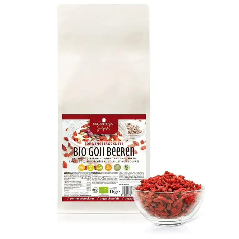 Bio Goji Beeren sonnengetrocknet 1kg | ungeschwefelt | ohne Zusätze | frisch aus neuer Ernte | Glutenfrei | weiche Konsistenz | Rohkostqualität | aus kontrolliert ökologischem Anbau | Golden Peanut