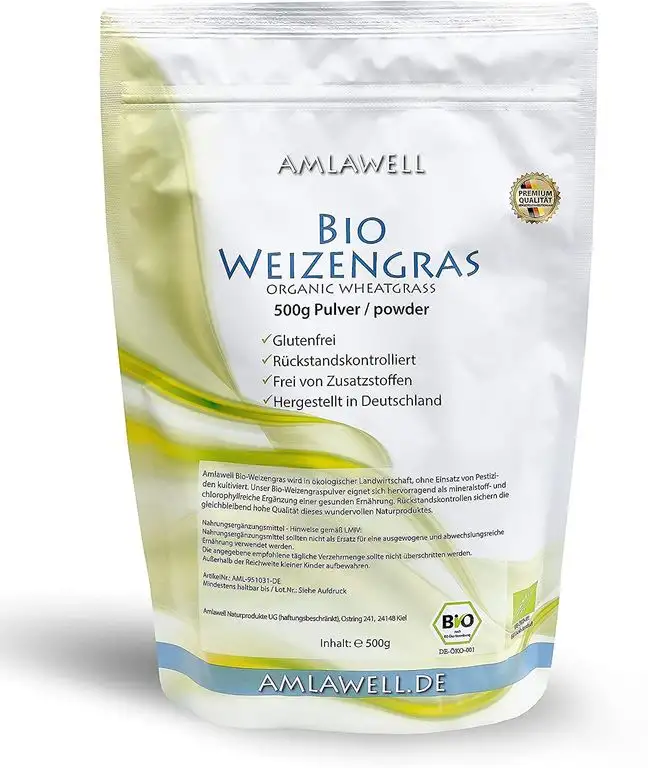 AMLAWELL Bio Weizengras Pulver – 500 g Bio Weizengraspulver glutenfrei mit wertvollen Vitaminen, Spurenelementen, Mineralstoffe