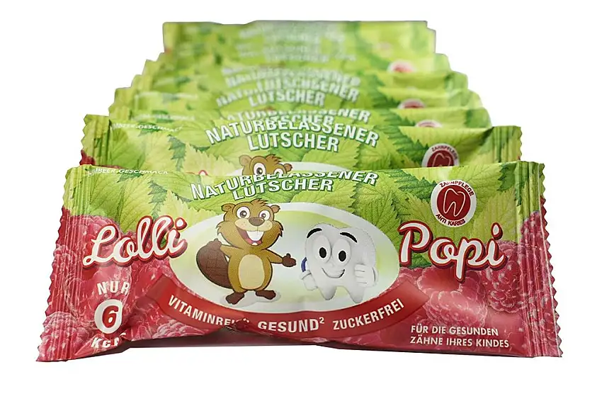 Lutscher"Lolli Popi“, zahnfreundlich, gesund, zuckerfrei, kalorienarm, vitaminreich (Vitamin C,D,B6,B9,B12,E) 10er Pack (10 x 1 Stück) (Himbeer)