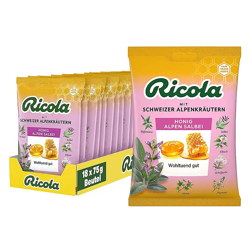 Ricola Honig Alpen Salbei, 18 Beutel original Schweizer Kräuter-Bonbons mit 13 Schweizer Alpenkräutern, wohltuender Genuss, 18 x 75g
