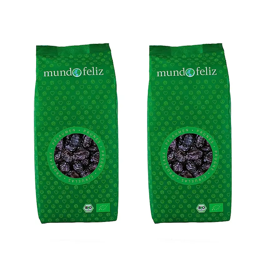 Mundo Feliz Bio Pflaumen getrocknet, entsteint, ungeschwefelt, ungezuckert, 2 x 500g