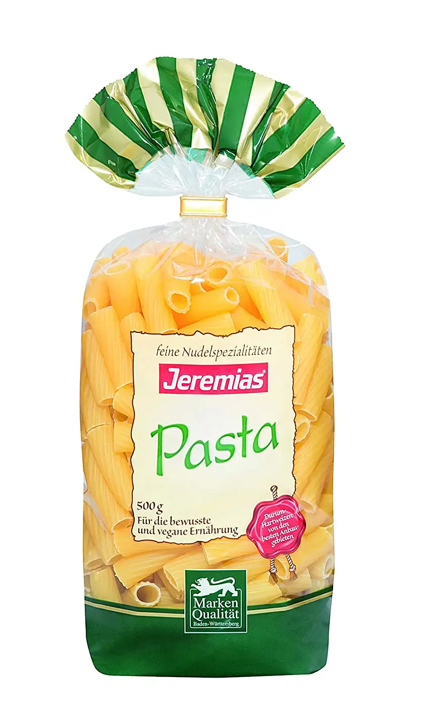 Jeremias Rigatoni, Pasta - Hergestellt aus reinem Hartweizengrieß, 4er Pack (4 x 500 g Beutel)