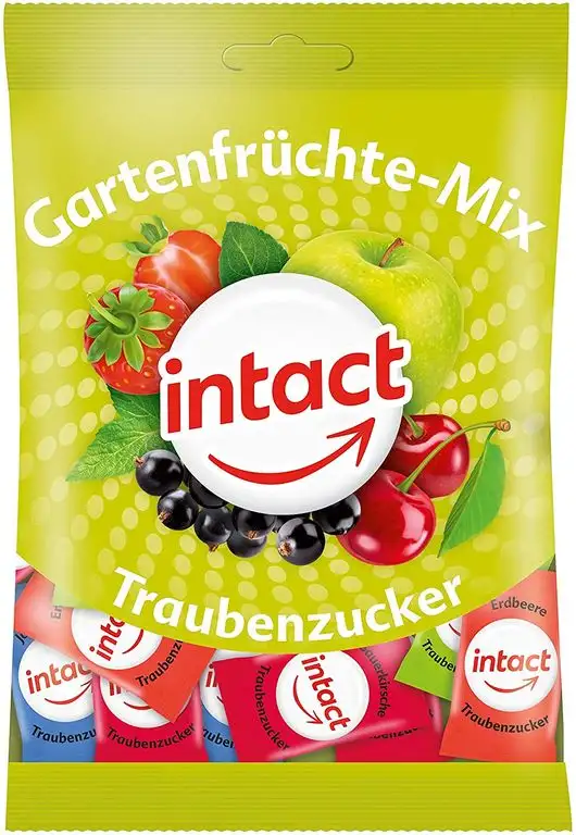 intact Gartenfrüchte-Mix Traubenzucker Beutel - 2x 100g, zartschmelzende Bonbons, einzeln verpackt, bekannt aus Ihrer Apotheke, für Diabetiker, Sport und Schule