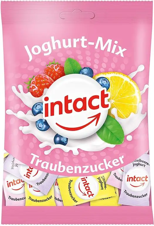 intact Joghurt-Mix Traubenzucker Beutel - 2x 100g, zartschmelzende Bonbons, einzeln verpackt, bekannt aus Ihrer Apotheke, für Diabetiker, Sport und Schule