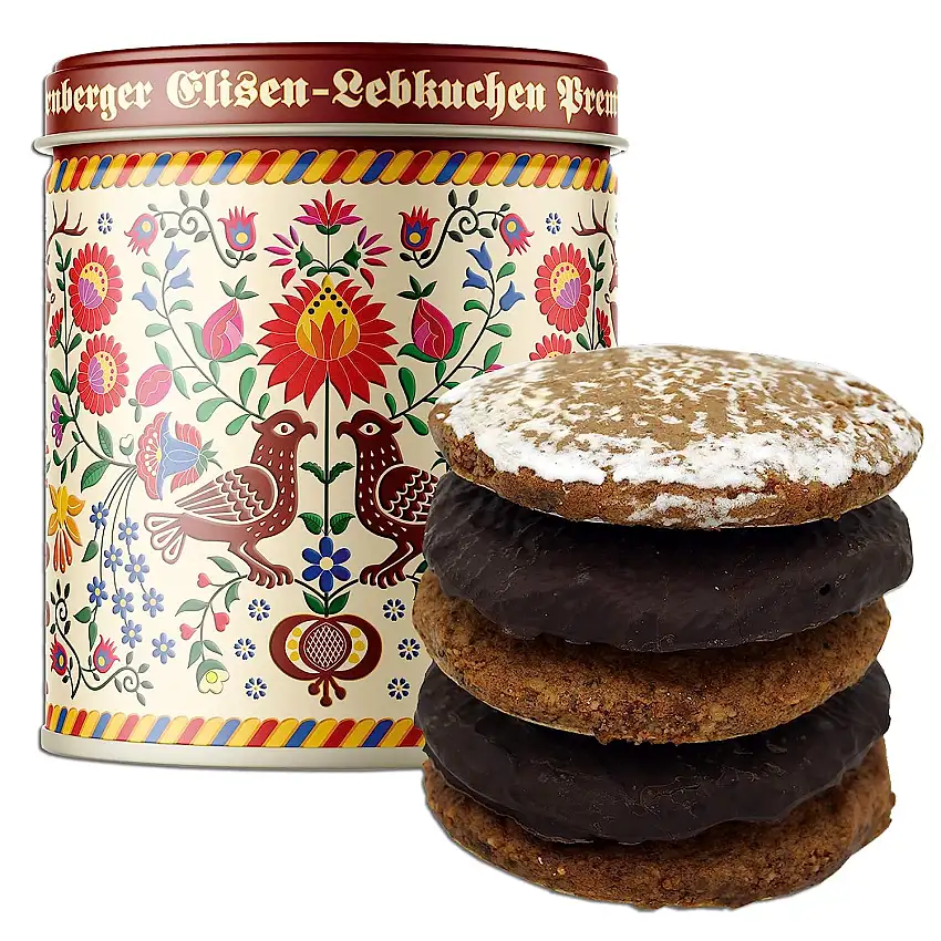 Lebkuchen - original Nürnberger Mandel Elisen-Lebkuchen - 45% Nussanteil - handgefertigte Qualität - prämierte Meisterhändler-Manufaktur (Dose Stickmuster - Inhalt: Lebkuchen gemischt - 380 Gramm)
