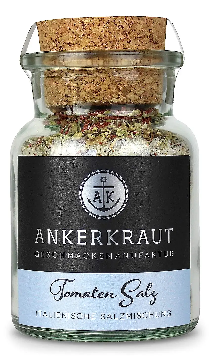 Ankerkraut Tomatensalz, 140g im Korkenglas, universale Gewürzmischung mit Tomatenchips zum Zubereiten von Soßen, Salaten und Pizza, perfekt für italienische Speisen