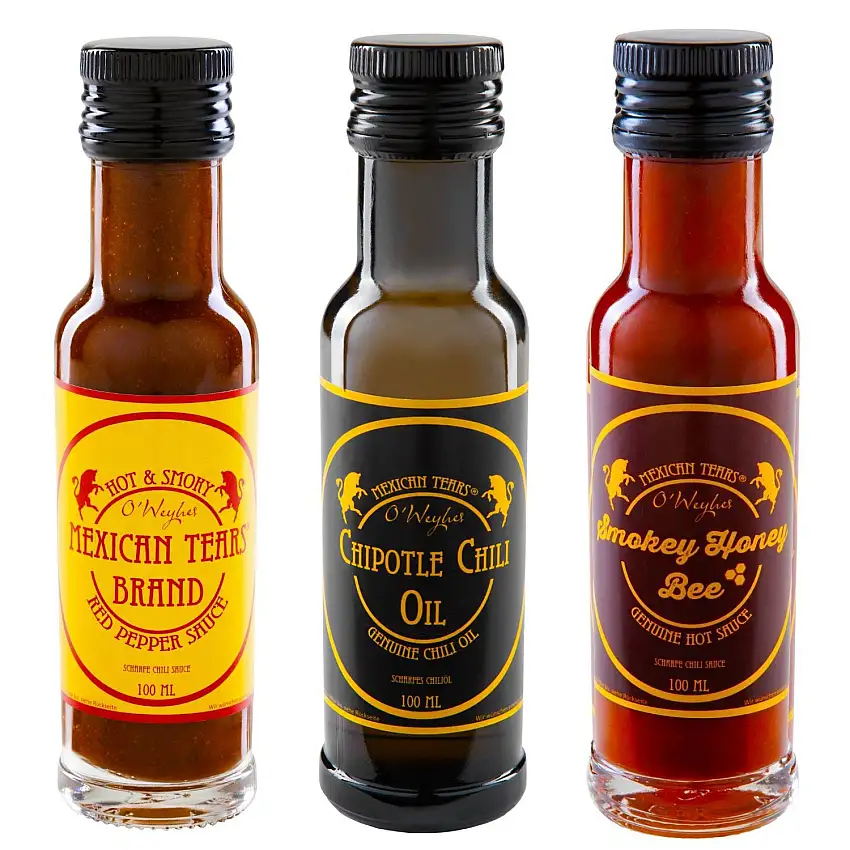 Mexican Tears® - 3er Pack scharfe Sauce & Chiliöl aus Chili & Meersalz, perfekt als Grill-Zubehör für BBQ Sauce, Pulled Pork & zum Aufpeppen von Magic Dust [3x100ml Chili Sauce]