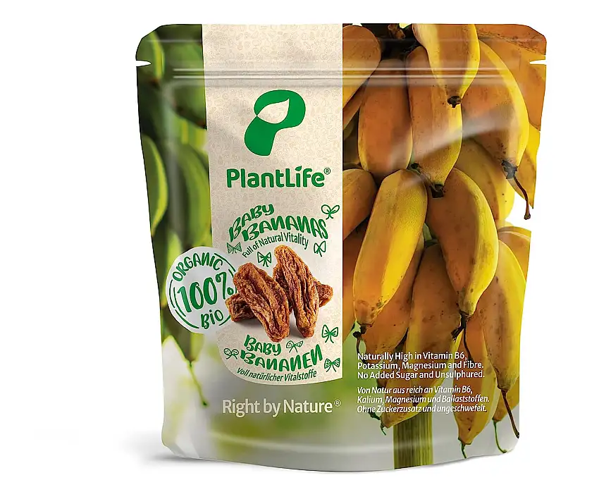 PlantLife BIO Baby Bananen 1kg – Sonnengetrocknete, Ungeschwefelte und Naturbelassene Bananen – 100% Recyclebar