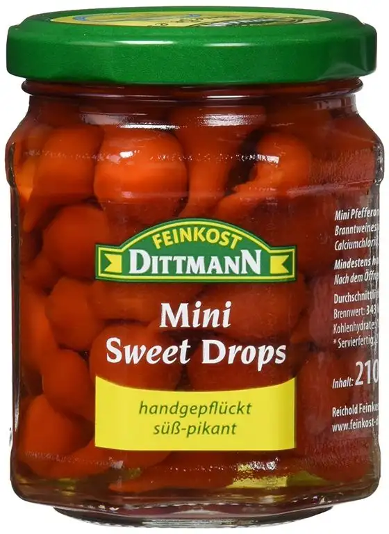 Feinkost Dittmann Mini Sweet Drops scharf und handgepflückt - Mini Pfefferonen rot Glas, 5er Pack (5 x 210 g)