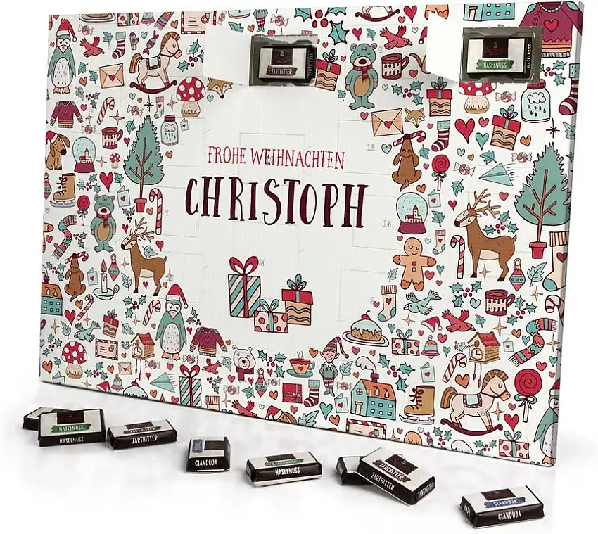 printplanet - Adventskalender mit Namen Christoph - gefüllt mit Schokoladen-Füllung - personalisiert mit Namens-Motiv Christmasicons - Schoko-Kalender, Weihnachtskalender, Namenskalender