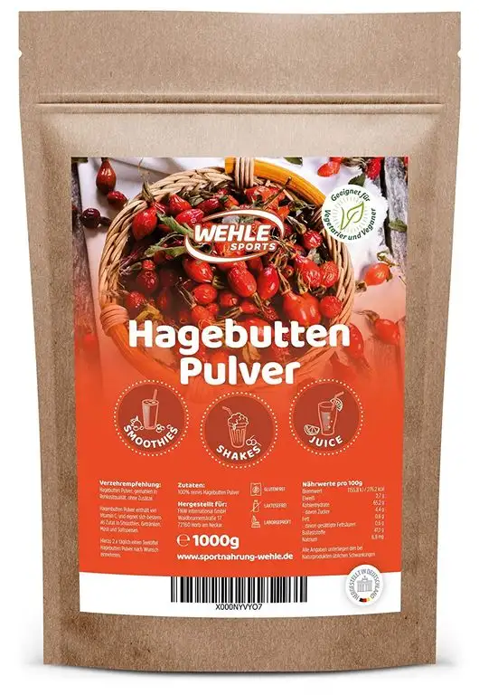 Hagebuttenpulver 1kg naturrein glutenfrei Rohkost-Qualität - Hagebuttenfrüchte gemahlen ohne Zusätze - Hagebuttengranulat