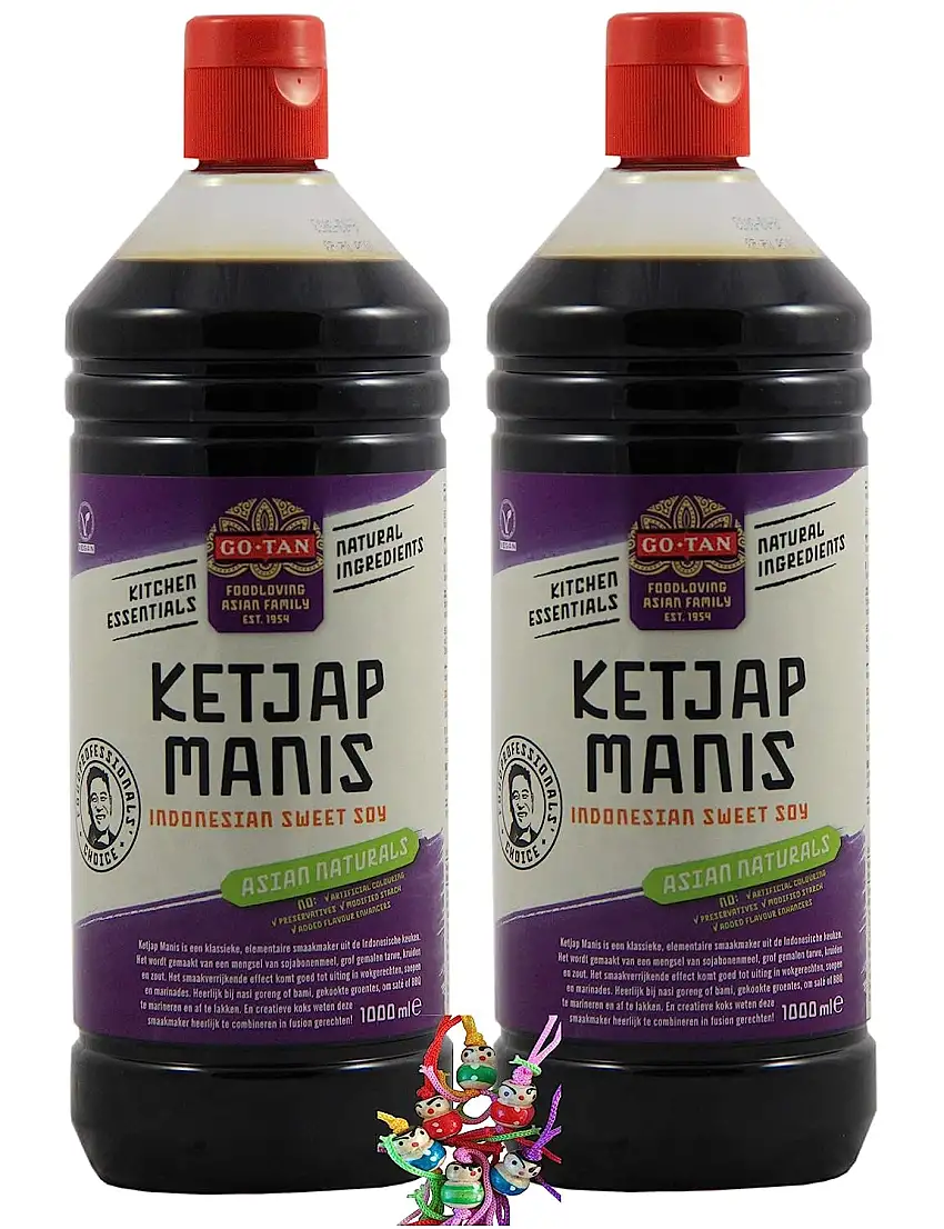 yoaxia ® Marke - 2er Pack - [ 2x 1000ml ] GO TAN Ketjap Manis / süße Sojasauce / Indonesian Sweet Soy + ein kleines Glückspüppchen - Holzpüppchen