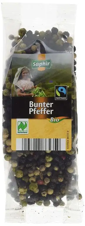 Saphir Bio Bunter Pfeffer ganz, Naturland, FairTrade, Nachfüllbeutel, 2er Pack (2 x 50 g)