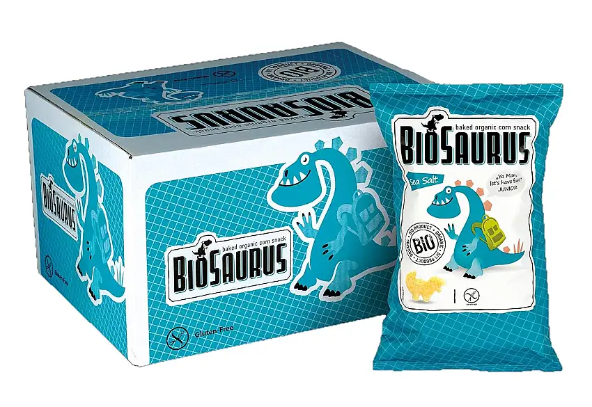 Biosaurus Baked Organic Corn Snack für Kinder - 12x50g (Salz) - Gebackener knusprige Bio-Snack aus Mais, Nicht Frittiert | Low Fat, Glutenfrei, BIO, keine Chemie, VEGAN | - 12x50g (Salz)