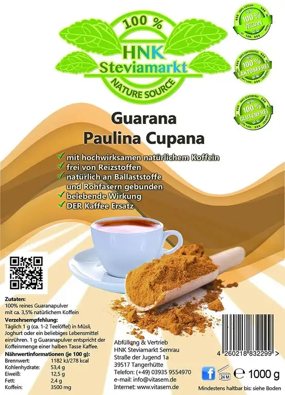 Reines Guarana Paulina Cupana Koffein Pulver pur | Energy Drink Pulver | 100% Natürlich | OHNE chemische Zusatzstoffe | 1er Pack (1 x Kg)