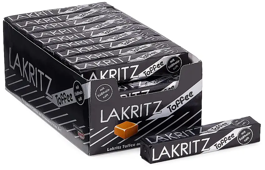 Lakritz-Toffee Kaubonbons mit Süßholzsaft, 40 Stangen Toffees mit Lakritz-Geschmack als Vorratspackung oder Verkaufsdisplay, zartschmelzende Dragees