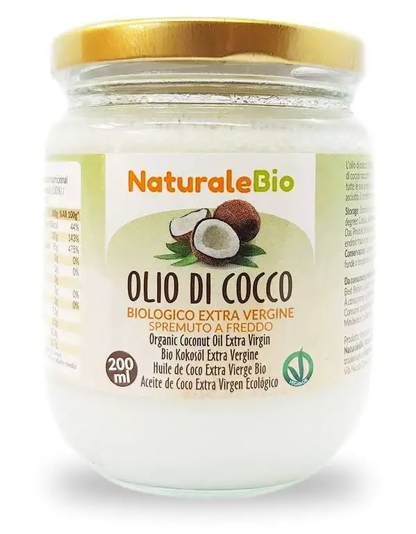 Bio Kokosöl Extra Vergine 200 ml. Roh und kalt gepresst. 100% Biologisch, Natürlich und Rein. Natives, nicht raffiniertes Bio-Öl. Herkunftsland Sri Lanka. Organic Raw Coconut Oil. NaturaleBio