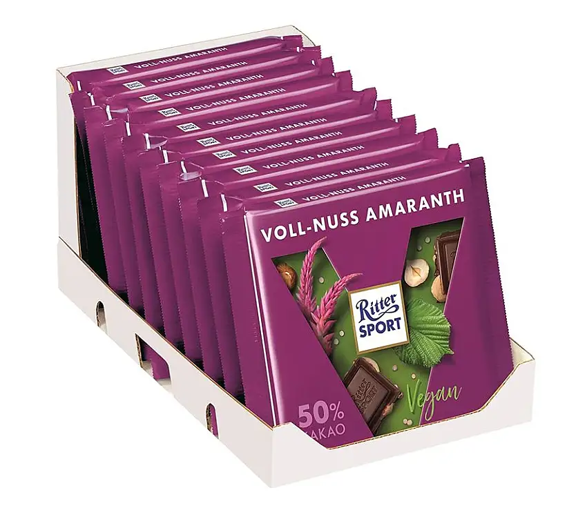 RITTER SPORT Dunkle Voll-Nuss Amaranth (10 x 100 g), Vegane Schokolade, mit ganzen Haselnüssen und Amaranth verfeinert, Halbbitterschokolade
