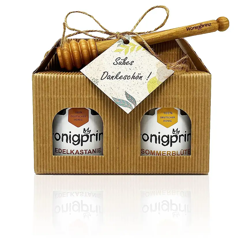 Honig Geschenkset "SÜßES DANKESCHÖN" mit Honiglöffel aus Kirschholz und Grußkarte - 1x250g Edelkastanienhonig flüssig und 1x250g Sommerblüte cremig - 100% Deutscher Honig Honigprinz Familien-Imkerei