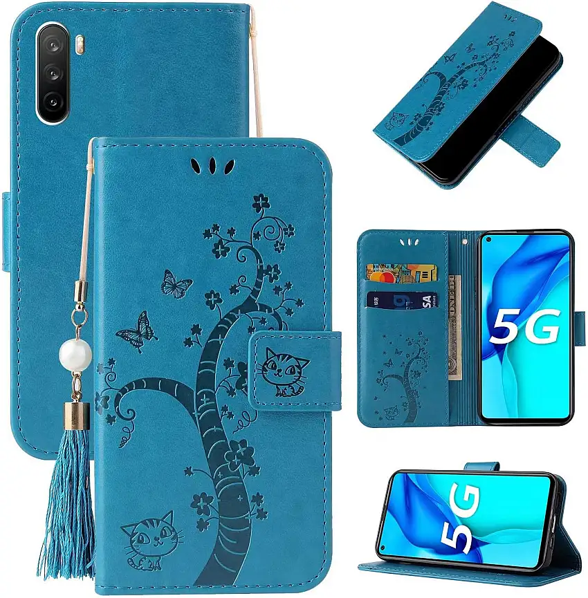 Miagon Brieftasche Flip Hülle für Huawei Mate 40 Lite,Schön Schmetterling Baum Katze Design PU Leder Buch Stil Stand Funktion Handyhülle Case Cover,Blau
