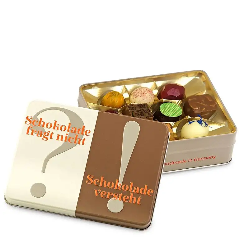 Präsentdose "Schokolade fragt nicht? Schokolade versteht!" 125g Manufakturqualität!, handgefertigt von den Konditoren der Confiserie Rabbel...für ein Lächeln mehr am Tag