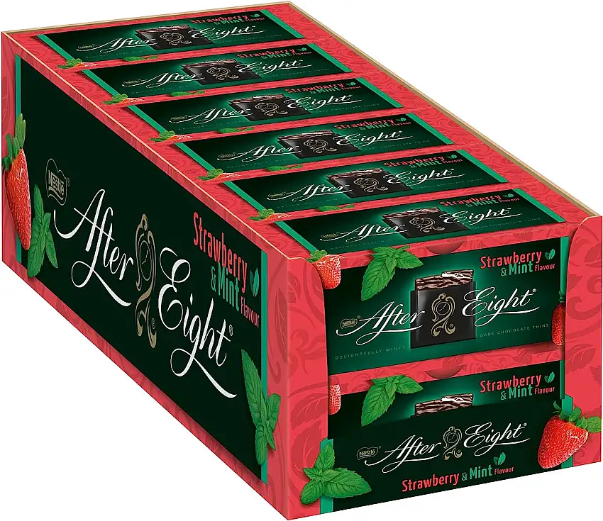 NESTLÉ AFTER EIGHT Erdbeere, hauchdünne Täfelchen mit Erdbeergeschmack und einer zartschmelzenden Pfefferminzcremefüllung, umhüllt von feiner dunkler Schokolade, 12er Pack (12x200g)