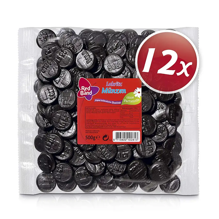 Red Band Lakritz Münzen - Großpackungen: 12er Pack (500 g Beutel) - Die Leckerste Währung aller Zeiten – Dunkel, Intensiv, Einfach Köstlich - Holländische Qualität - Süßigkeiten