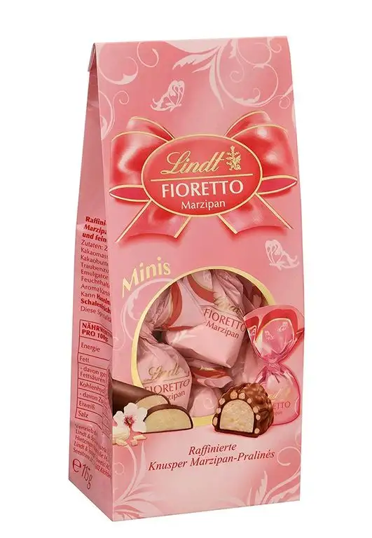 Lindt Fioretto Minis Beutel, Marzipan, Raffinierte Pralinés mit Marzipan-Dessert-Füllung und feinen Mandelsplittern umhüllt von knusprigem Crisp & feiner Lindt Alpenmilch-Schokolade,4er Pack (4x115g)