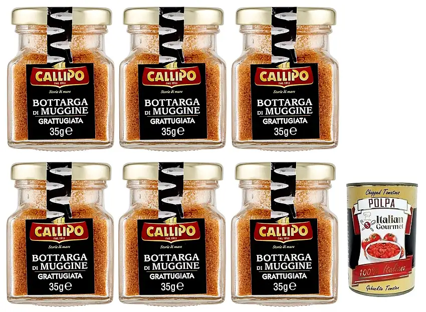 6x Callipo Bottarga Di Muggine Grattugiata,Geriebener Meeräsche Bottarga,Meeräschenrogen 96%,Glas 35g + Italian Gourmet Polpa di Pomodoro 400g Dose