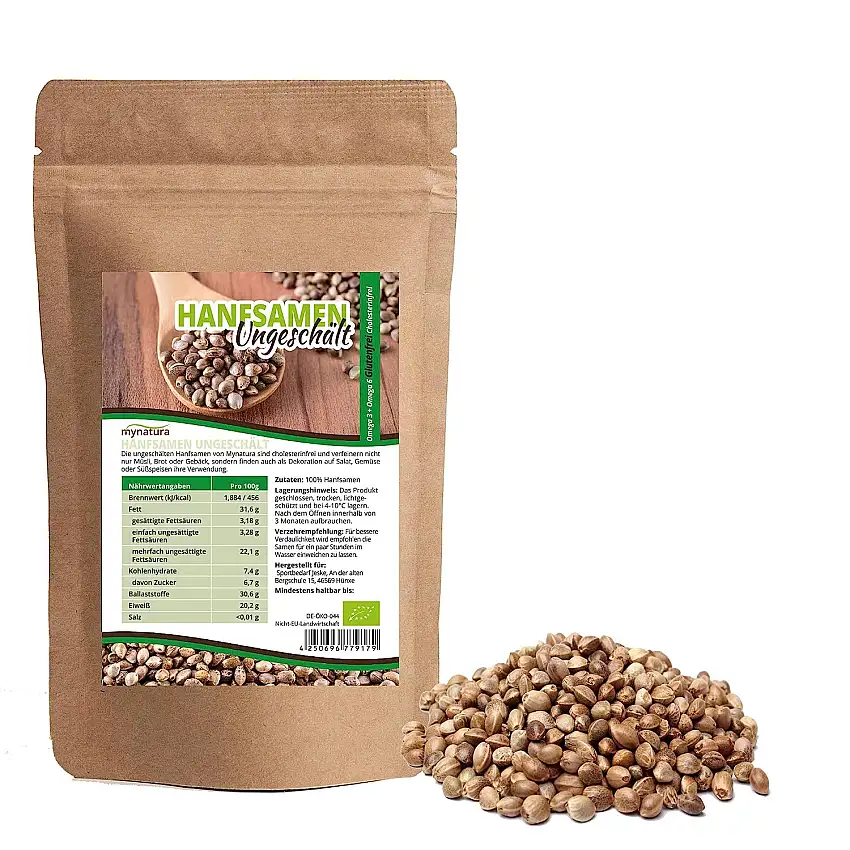 Mynatura Bio Hanfsamen UNGESCHÄLT 1000g I Glutenfrei I Cholesterinfrei I Rohkostqualität I Naturprodukt I Nährstoffreich I Vegan I Ballaststoffe I DE-ÖKO-044 I (1000g)