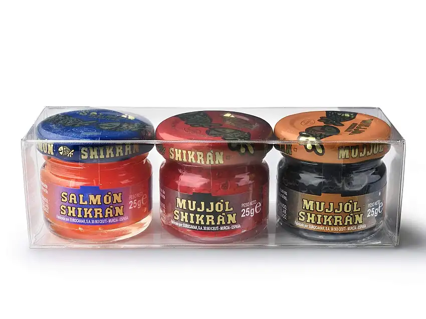 Eurocaviar - Shikran - Packungsmischung: 3 x 25 g. Meeräsche Rogen Kaviar Perlen Schwarz + Meeräsche Rogen Kaviar Perlen Rot + Geräucherte Lachs Kaviar Perlen