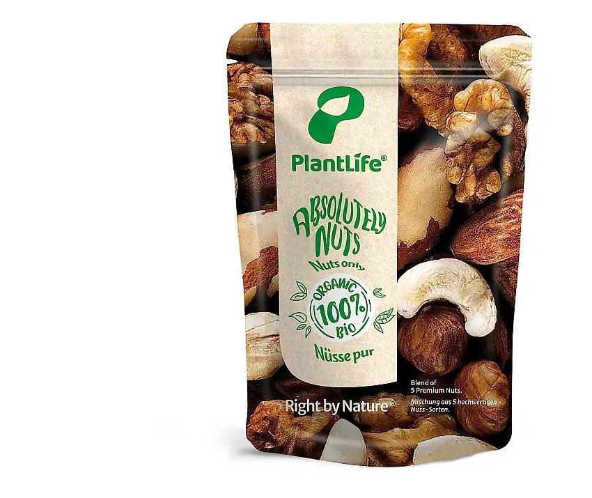 PlantLife BIO Nussmischung "Absolutely Nuts" 650g - Premium Nuss Mix aus 5 Sorten Rohen, Ungerösteten und Ungesalzenen Nüssen