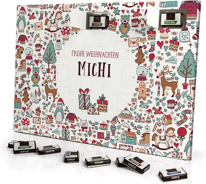 printplanet - Adventskalender mit Namen Michi - gefüllt mit Schokoladen-Füllung - personalisiert mit Namens-Motiv Christmasicons - Schoko-Kalender, Weihnachtskalender, Namenskalender