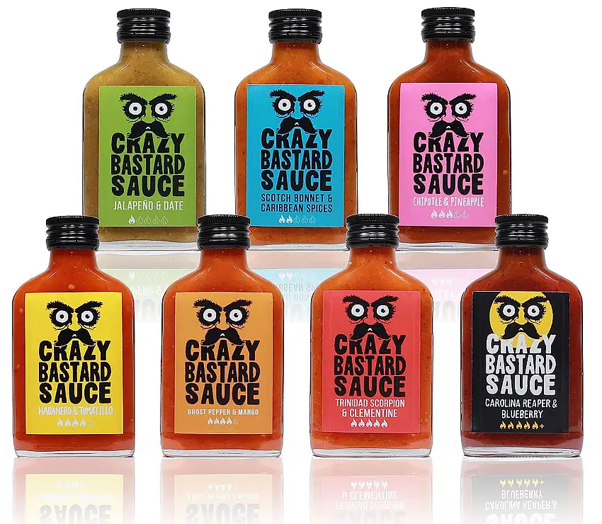Crazy B Sauce - 7er Bundle mild bis extreme scharfe Chilisauce (7 x 100ml Flasche) - Geschenkset für Griller und Chili-Fans