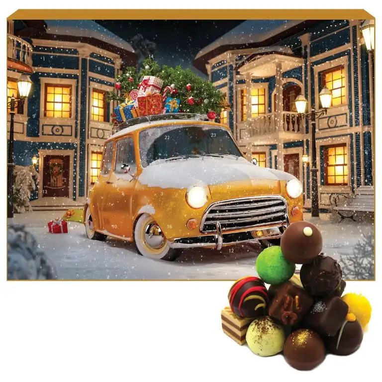 Hallingers 24 Pralinen-Adventskalender, mit/ohne Alkohol (300g) - It's Christmas (Advents-Karton) - zu Weihnachten Adventskalender