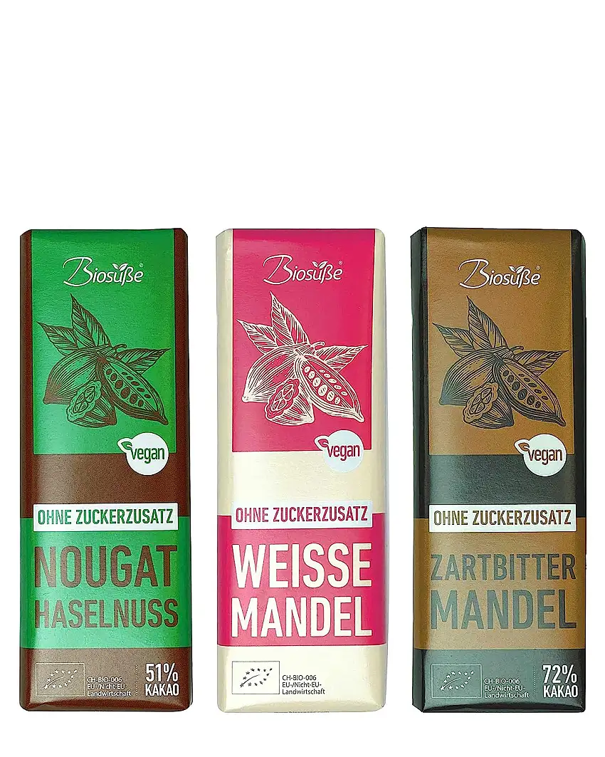 Biosüße Schokolade ohne Zuckerzusatz -VEGAN- gesüßt mit Erythrit statt Zucker 3x 50g Haselnuss+Nougat/Zartbitter+Mandel/Weiße Mandel (Probierset (3 x 1 Stk.))