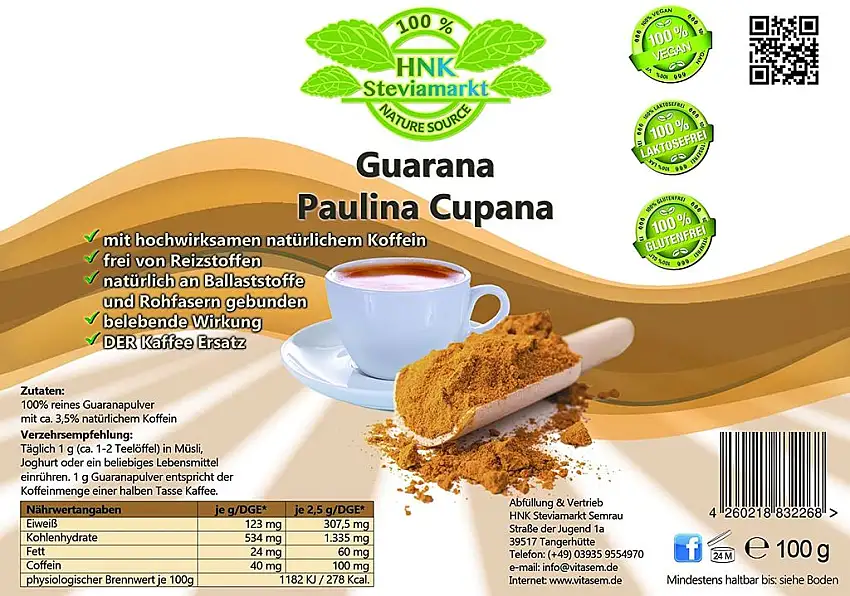 Reines Guarana Paulina Cupana Koffein Pulver pur | Energy Drink Pulver | 100% Natürlich | OHNE chemische Zusatzstoffe | 1er Pack (100 g)