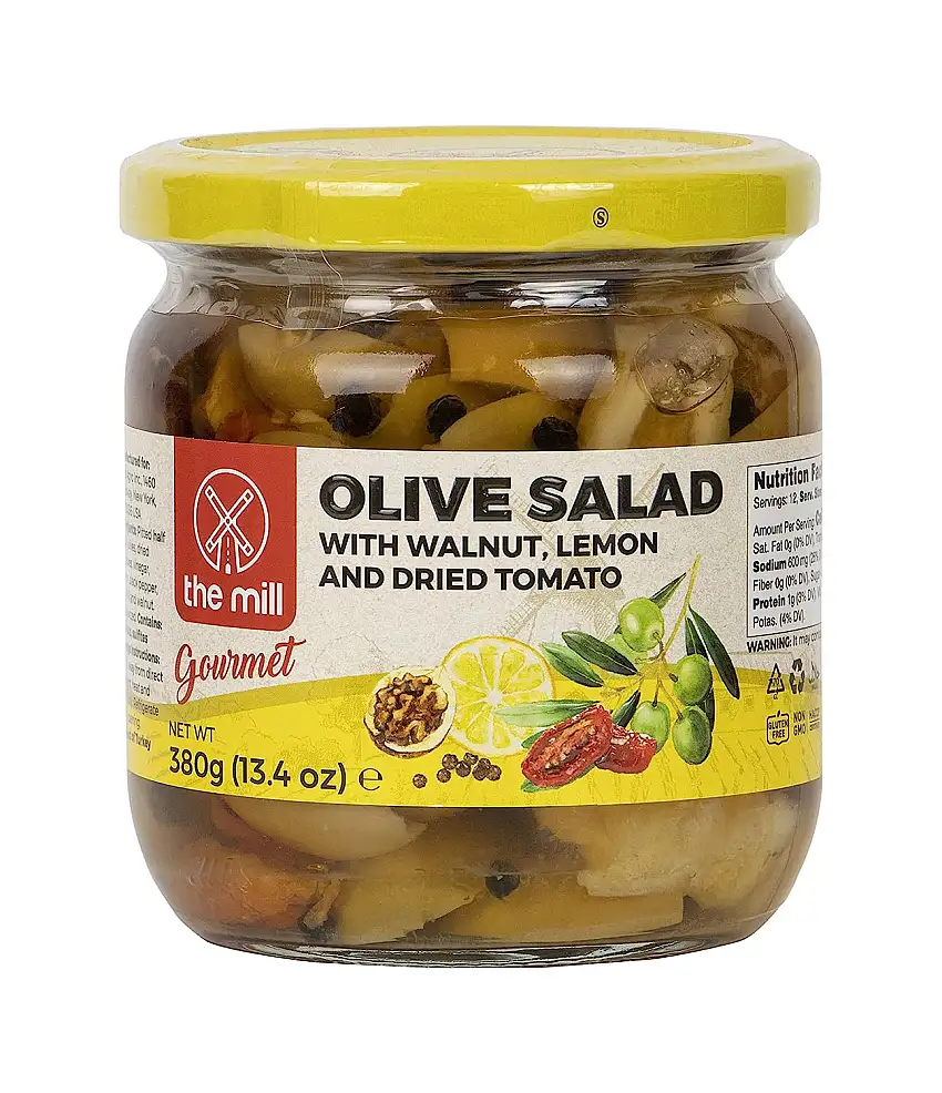 The Mill Gourmet Olivensalat 380 g Glas - Mit Walnuss, Zitrone und getrockneten Tomaten - Ideal für Salate und als Snack oder zum Frühstück - Natürlich - Pasteurisiert - verpackt im Einzelkarton