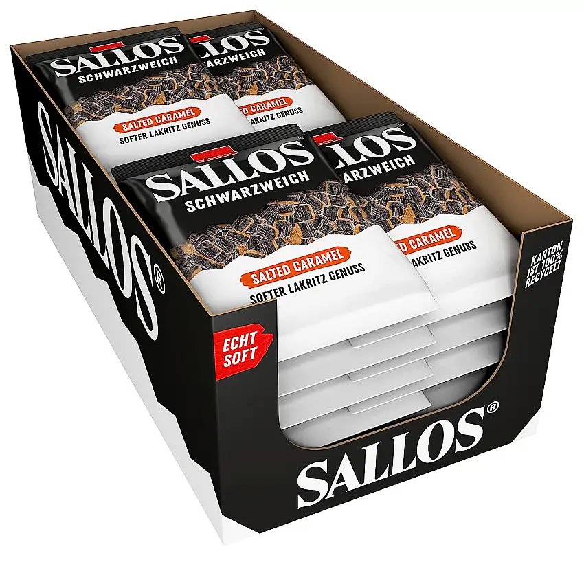SALLOS Schwarzweich Salted Caramel Vorratspack – Softes mildes Lakritz kombiniert mit süßem Karamell Schaumzucker und Salmiaksalz – Veganer Lakritzgenuss (20 x 200g)