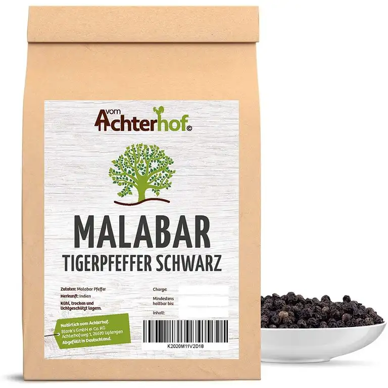 500 g Malabar Pfeffer schwarz ganz Tigerpfeffer schwarze Pfefferkörner von der Malabarküste
