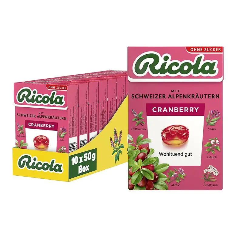 Ricola Cranberry, Schweizer Kräuterbonbon, 10 x 50g Böxli, ohne Zucker, Wohltuend und erfrischender Genuss