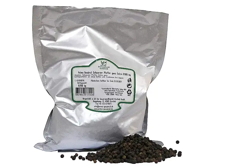 Schwarzer Pfeffer ganz Extra 0.500 kg, Black Pepper Whole, Gewürzgroßhandel Krefeld, Prima Gewürzt