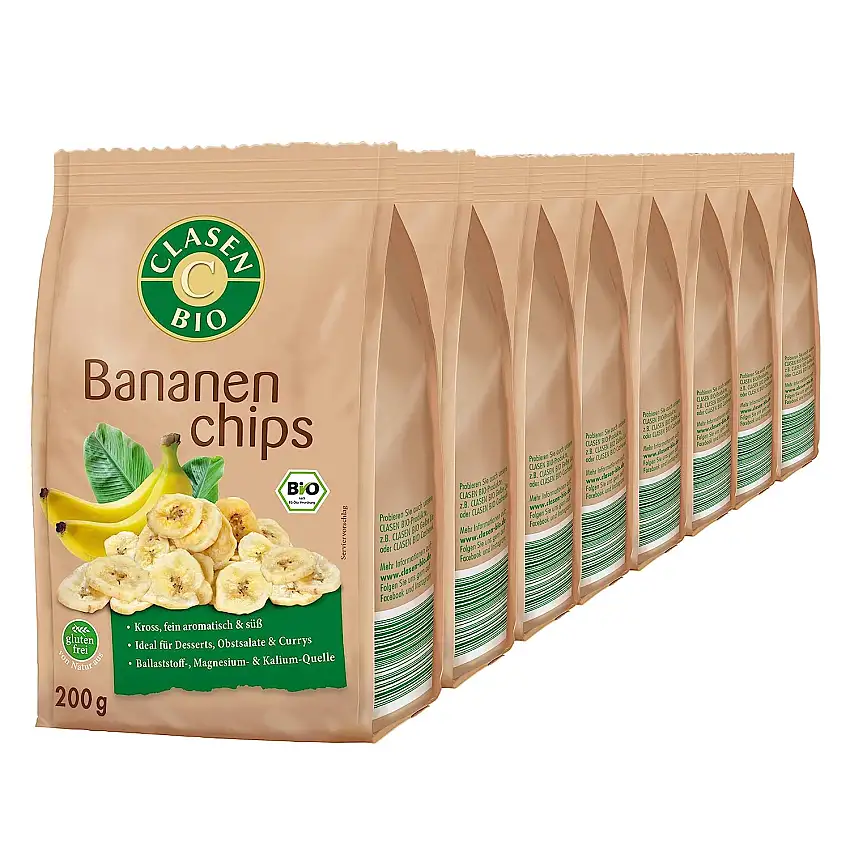 8x CLASEN BIO Bananenchips mit Honig gesüßt, knusprig und glutenfrei - 200g