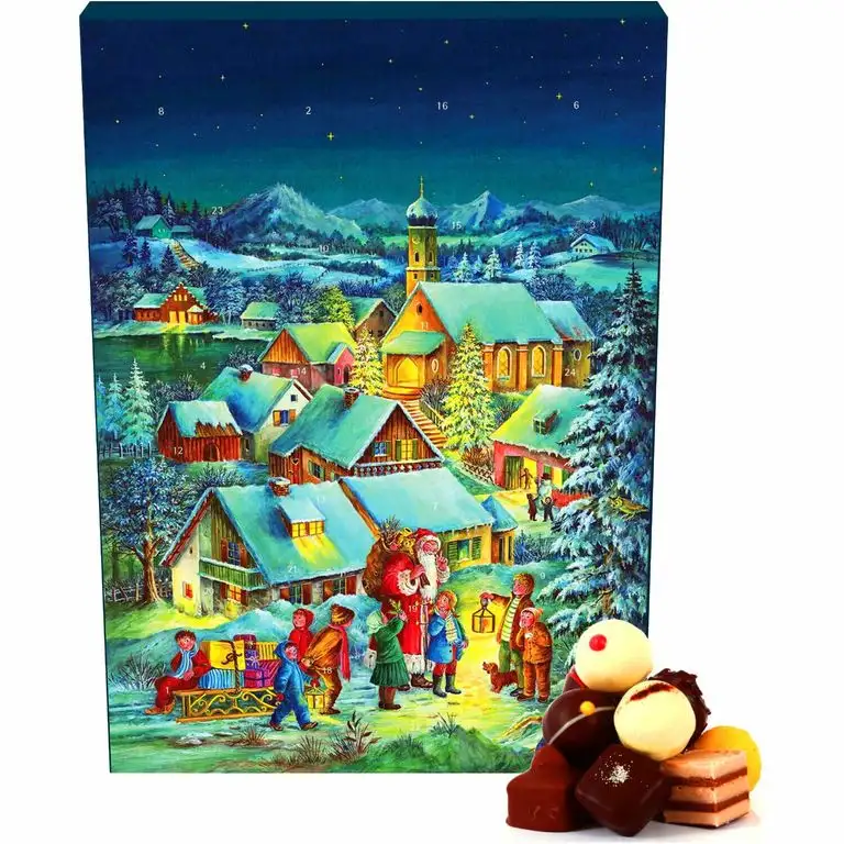Hallingers 24 Pralinen-Adventskalender, mit/ohne Alkohol (300g) - Bergdorf (Advents-Karton) - zu Weihnachten Adventskalender
