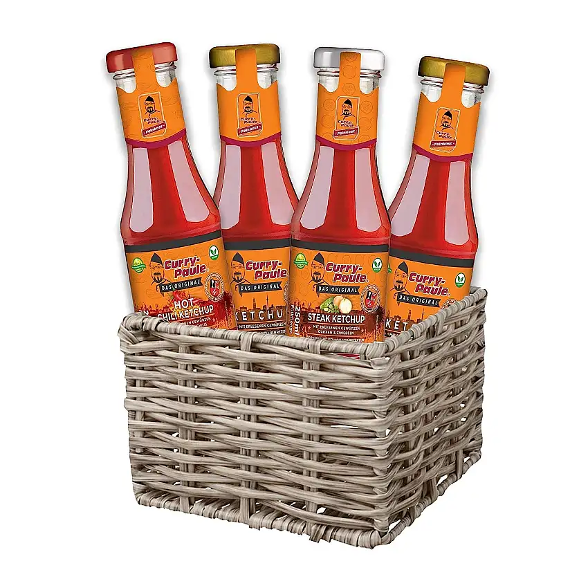 Curry Paules Geschenkkorb – DAS Neuköllner Original: Ketchup, Steak Ketchup & Hot Chili Ketchup in hochwertigem Präsentkorb