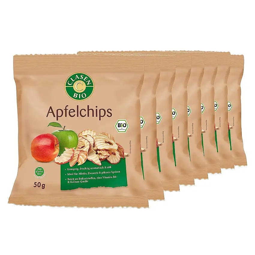 8x CLASEN BIO knusprige Apfelchips, als idealer Snack, vegan, glutenfrei und ungezuckert - 50 g
