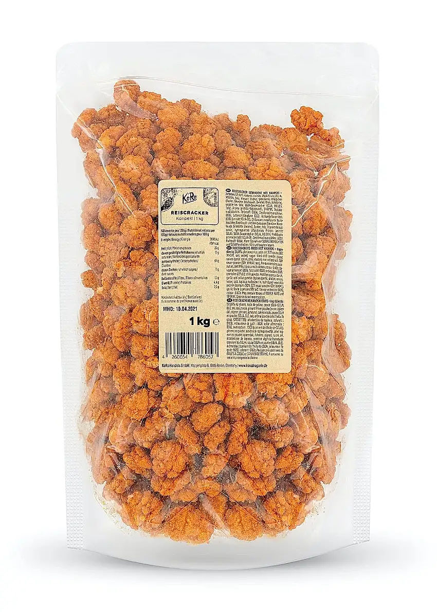 KoRo - Reiscracker Kanpeki 1 kg - Asiatisches Reisgebäck mit feurig scharfen Chilipulver - Super crunchy - Perfekt für Käseplatten, als purer Snack oder als Topping - Vorteilspackung