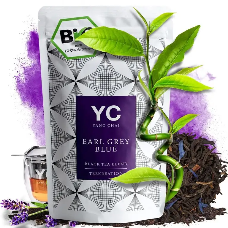 YANG CHAI Bio Earl Grey Blue Tee in Premium Qualität hochwertiger Schwarztee mit Bergamotte, lose – das ideale Tee Geschenk für Teeliebhaber in stabiler Teedose 90 Gramm